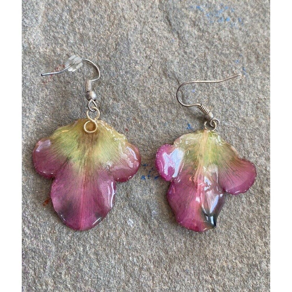 Dangle Earrings Tropical Flower Floral Pink Green